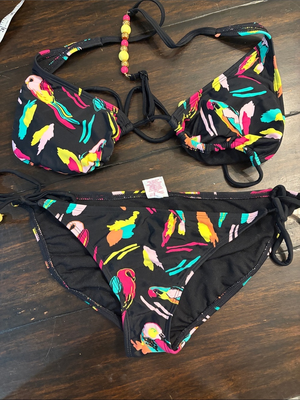 Xhilaration neon Black bikini triangle Top with tropical birds and beads size M